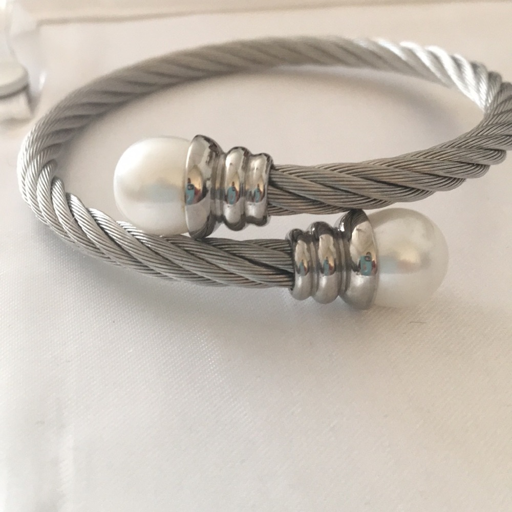 Stainless Steel and White Pearl Cuff Bracelet